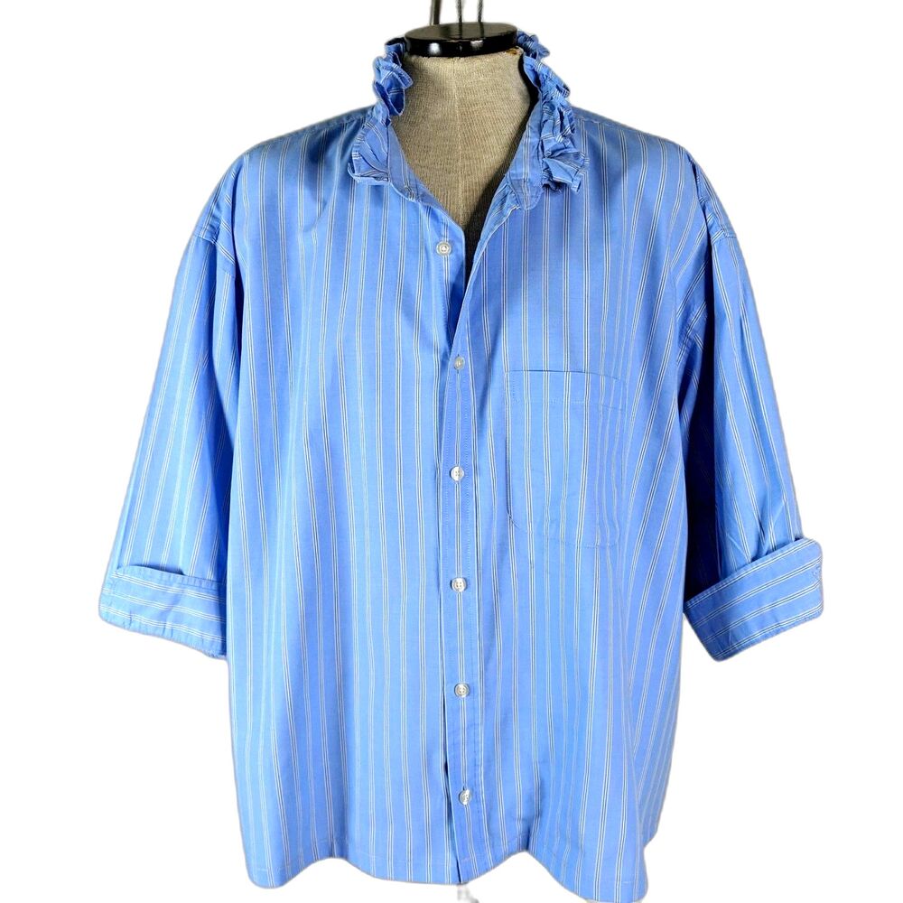 Upcycled Blue Stripe Ruffle Neck Men Oxford Shirt Women Size 2X XXL Arrow Cotton